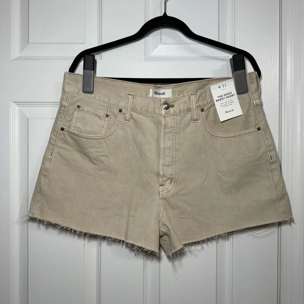 NWT Madewell The Essex Baggy Short Tan Khaki Denim Raw Hem NZ288 Size 31